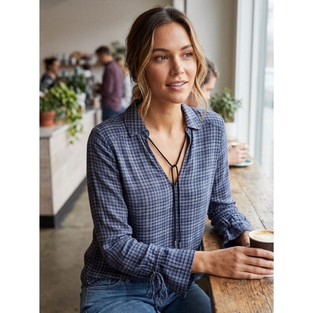 PAIGE Calissa Plaid Blouse Peacoat Blue Long Sleeve Tie Neck Medium